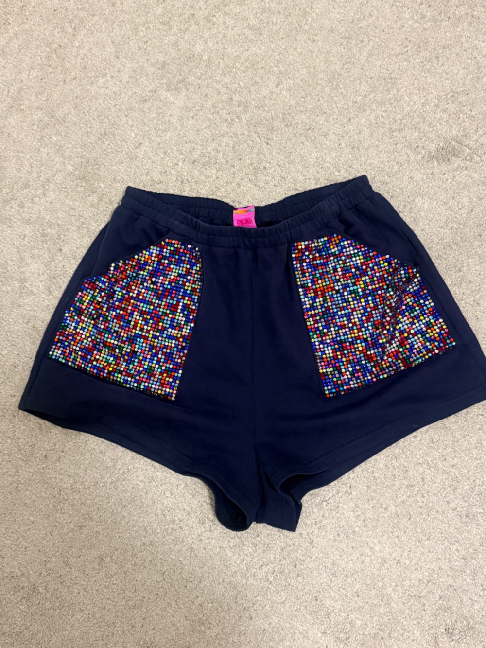 QUEEN OF SPARKLES Navy Shorts with Multicolor Rhinestone Pockets